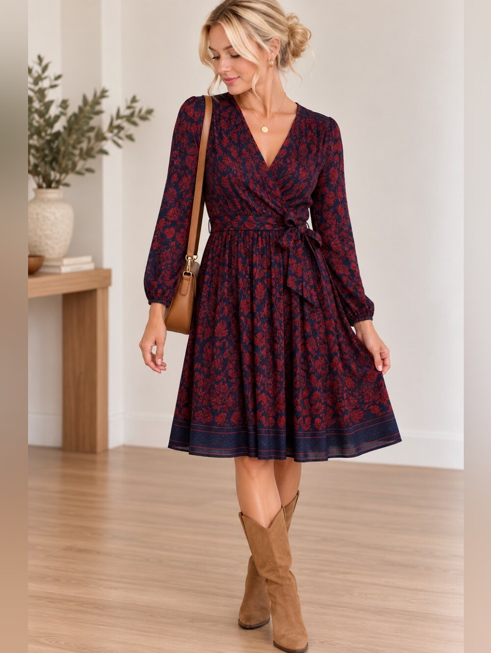 Vintage Hal Ferman Floral Midi Dress M Navy Red Wrap Pleated Long Sleeve